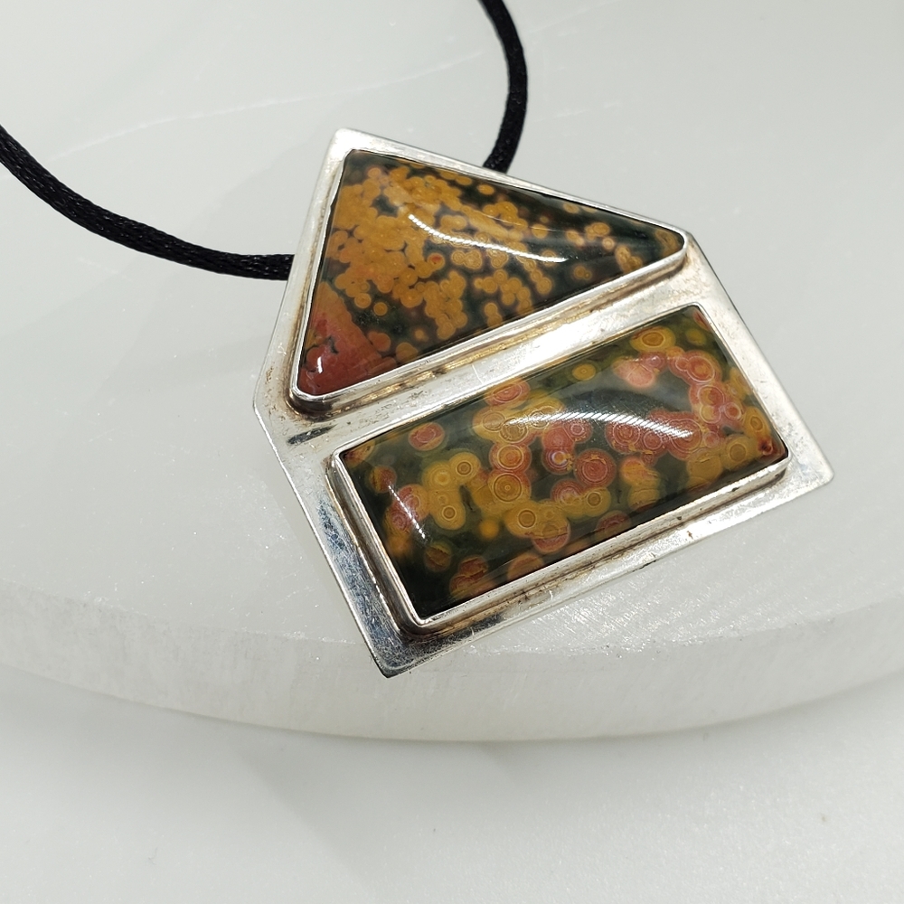 Ocean Jasper on Silver Vintage Pendant 925 Mexico Artisian with Cord Nec…